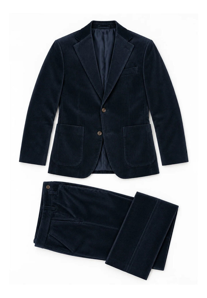Abito da uomo a due pezzi slim fit in velluto a coste con revers a lancia e taschino sul petto