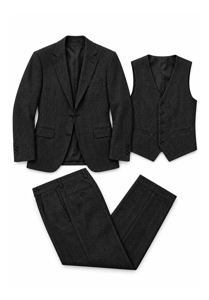 Costume Trois Pièces Homme Coupe Regular en Chevrons avec Gilet et Pantalon Assortis