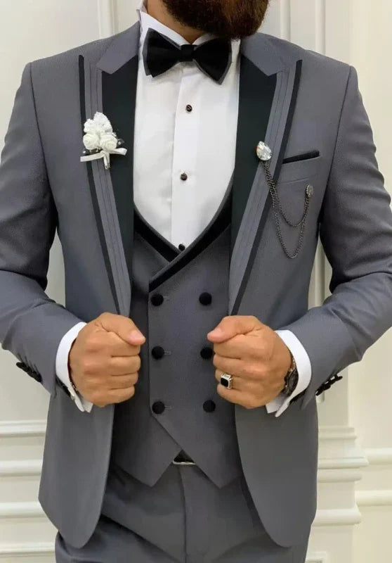 Costume Trois Pièces Homme Coupe Slim avec Col Peak et Gilet Croisé