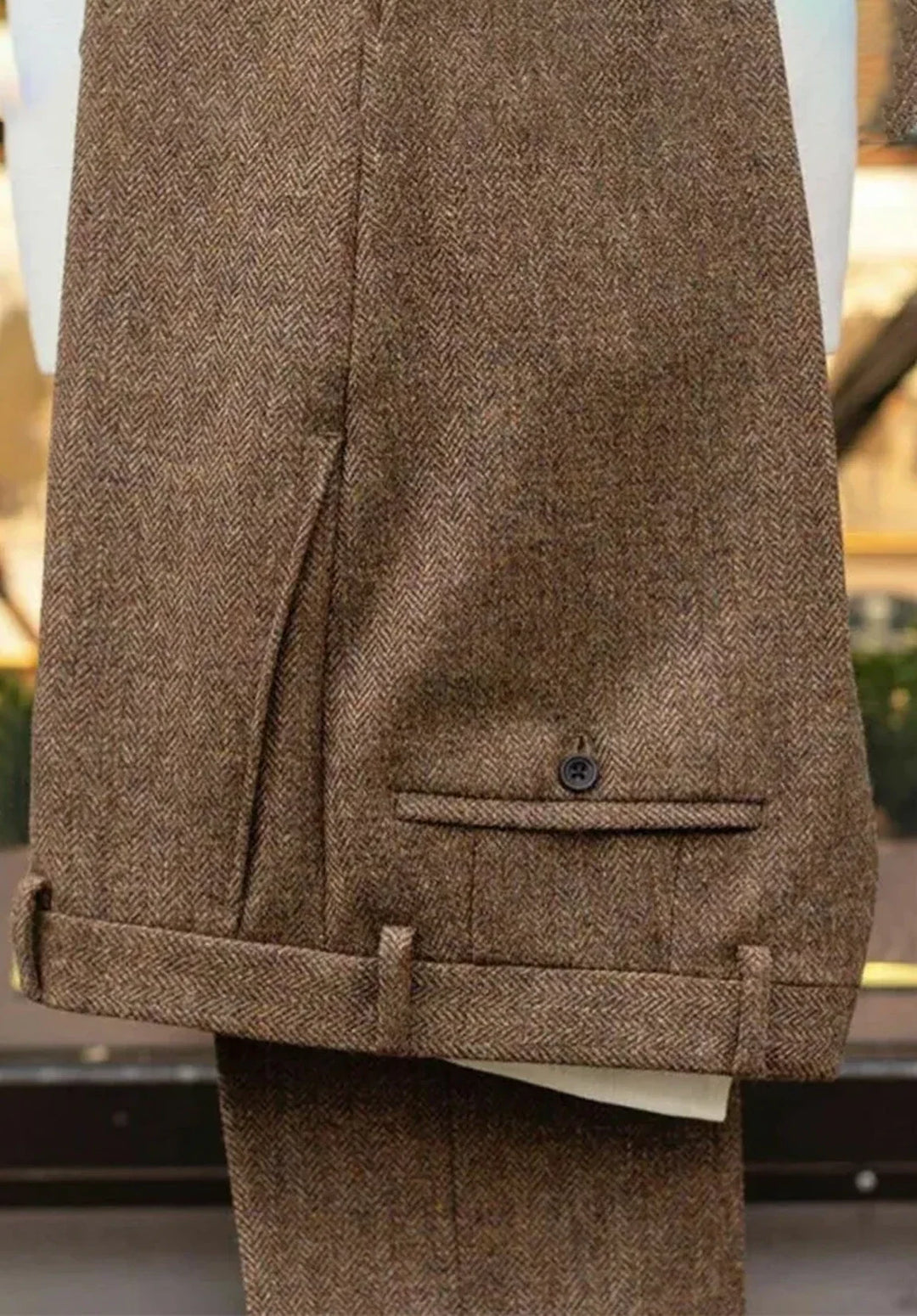 Costume Trois Pièces Homme Coupe Slim en Chevrons avec Col Notch et Poche Poitrine