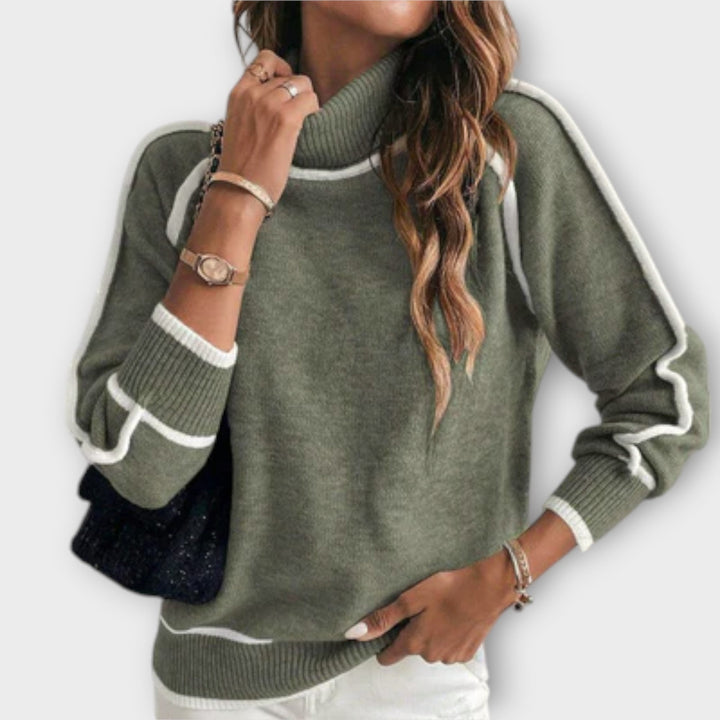 Pull en Maille Olive Femme à Rayures Contrastantes