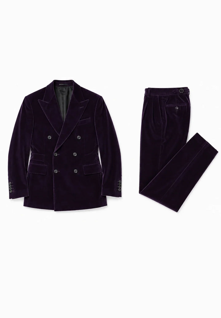 Completo da uomo in velluto regular fit a due pezzi con giacca doppiopetto e rever a lancia
