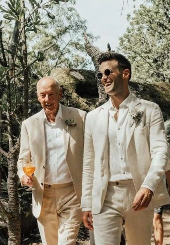 Traje de dos piezas para hombre de corte slim en lino, con solapas de muesca y bolsillos con solapa