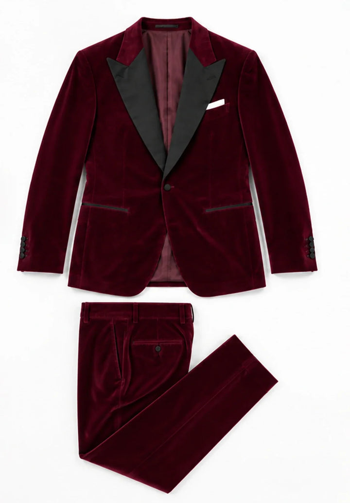 Costume Deux Pièces Homme Coupe Moderne en Velours avec Col Peak en Satin