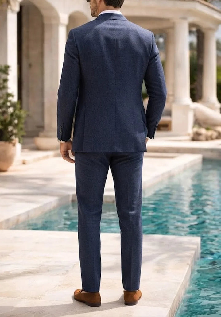 Heren slim-fit driedelig linnen pak met notch-revers en een zesknoops gilet