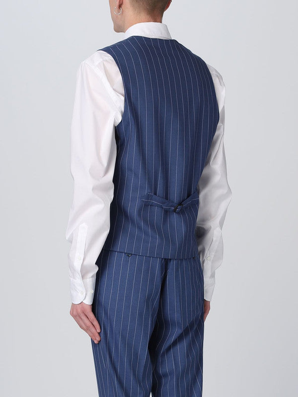 Costume Trois Pièces Homme Coupe Slim à Rayures avec Col Notch et Gilet Cinq Boutons