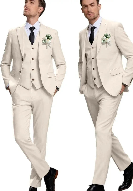 Costume Trois Pièces Homme Coupe Regular en Lin avec Col Notch et Gilet Boutonné