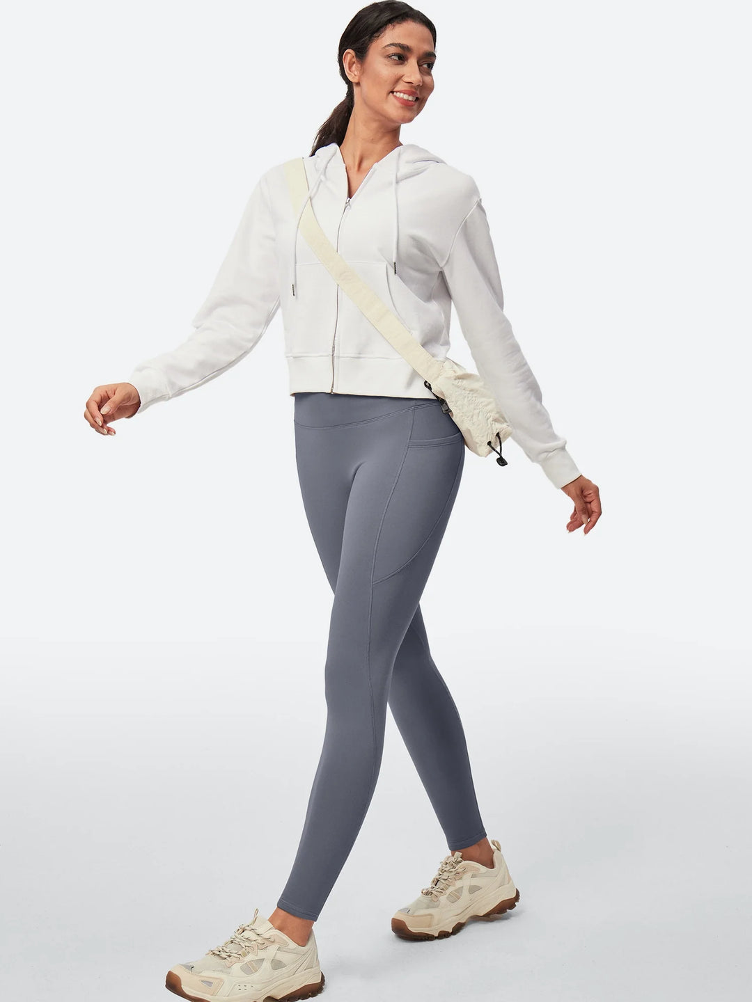 Leggings da donna a vita alta foderati in pile, senza cucitura anteriore e con tasche