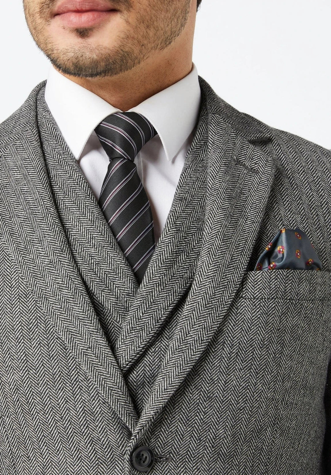 Herenkostuum in drie delen met slim fit in visgraatmotief, met double-breasted vest