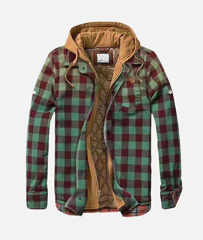Giacca con cappuccio patchwork a quadri e fodera trapuntata da uomo