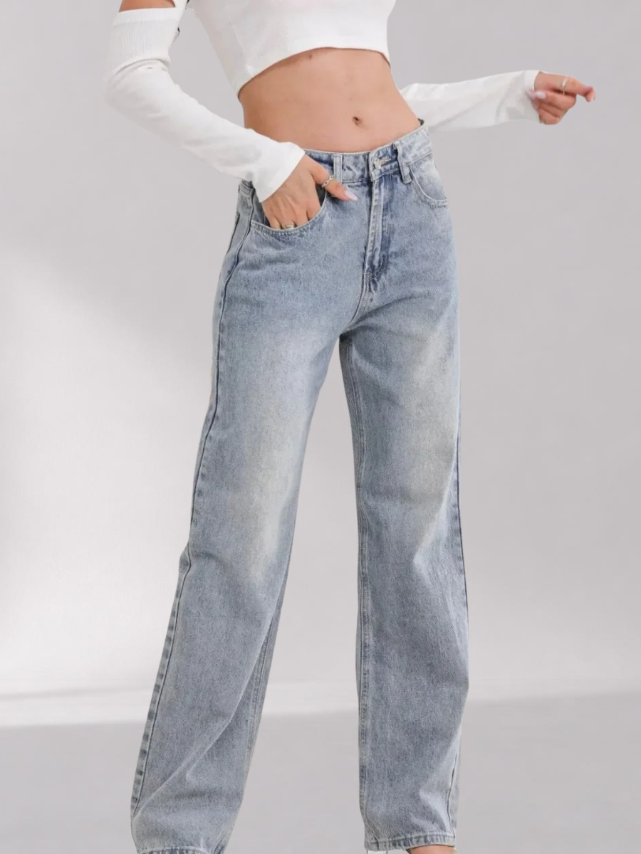 Pantalon en Denim Taille Haute Coupe Droite Femme