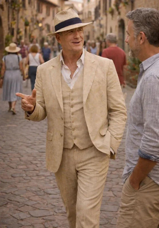 Costume Trois Pièces Homme en Lin avec Col Notch et Gilet Assorti