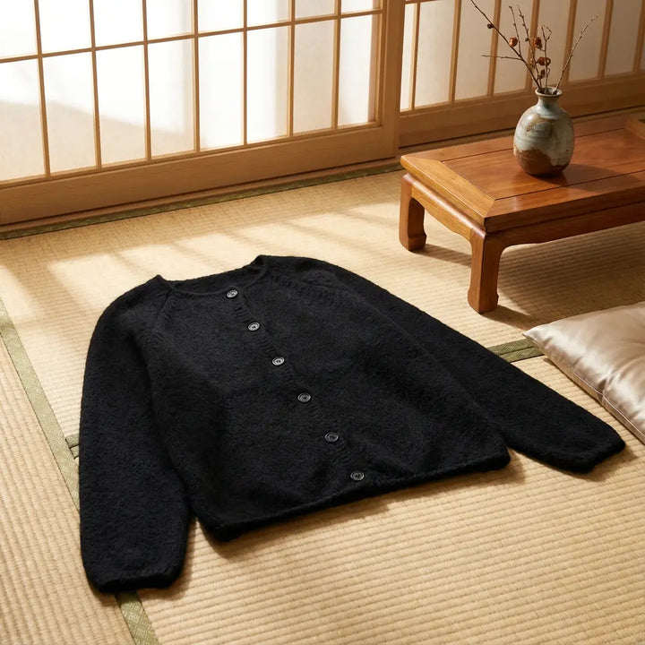 Women's Button-Up Knit Cardigan with a Crew Neck and Puff Sleeves
