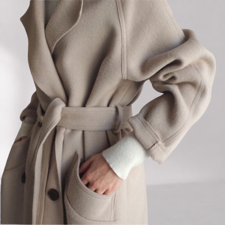 Manteau Femme en Mélange de Laine à Double Boutonnage avec Ceinture