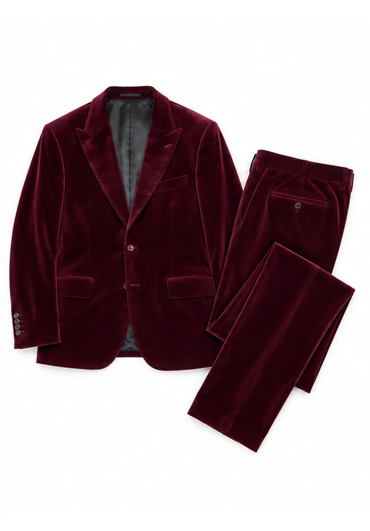Costume Deux Pièces Homme Coupe Classique en Velours avec Col Peak et Deux Boutons