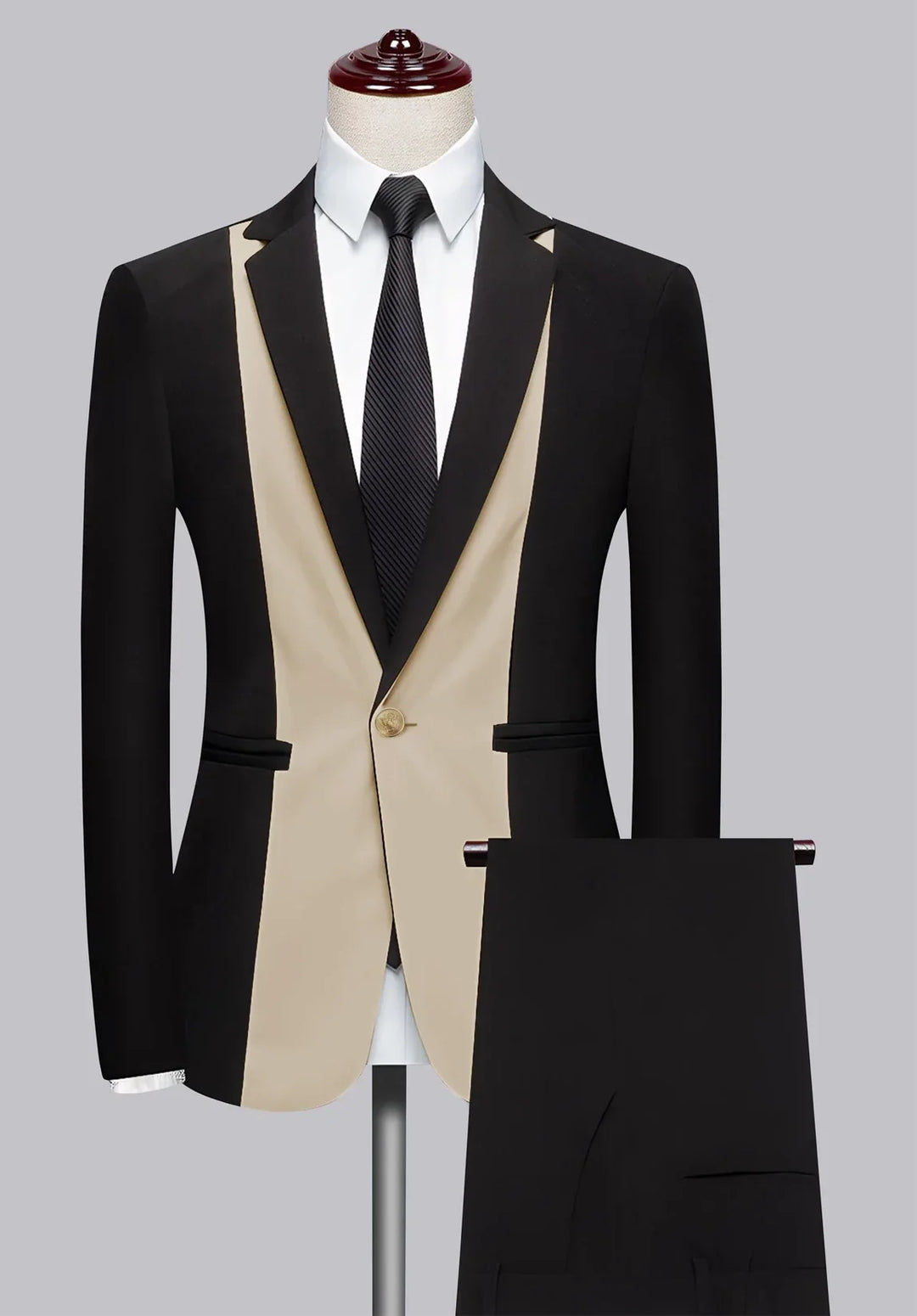 Costume Deux Pièces Homme Coupe Slim avec Design à Panneaux Contrastants et Col Peak
