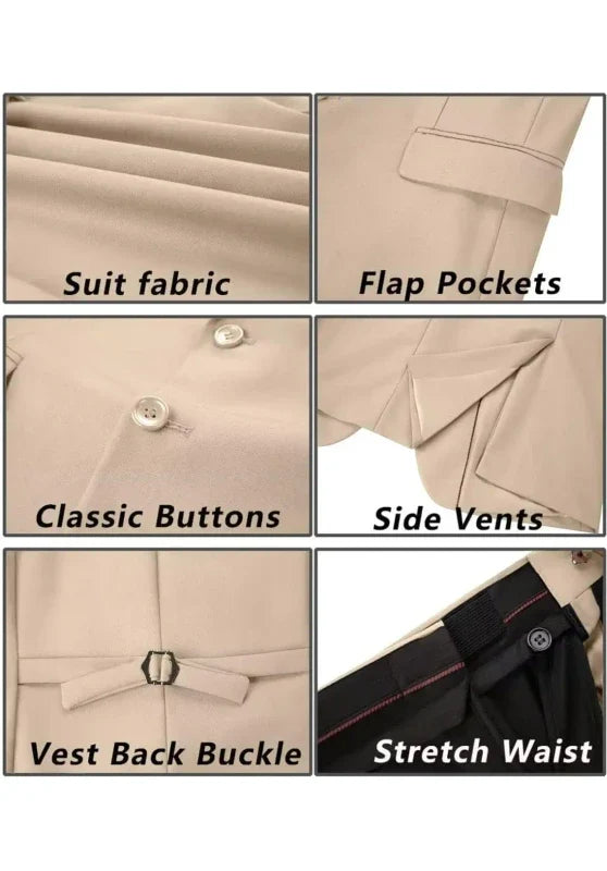 Costume Trois Pièces Homme Coupe Slim avec Col Notch et Gilet Cinq Boutons