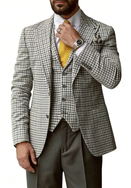 Costume Trois Pièces Homme Coupe Slim en Pied de Poule avec Col Notch et Gilet Boutonné