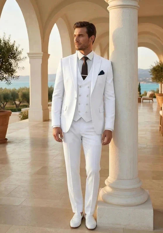 Costume Trois Pièces Homme Coupe Slim avec Col Peak et Gilet Croisé