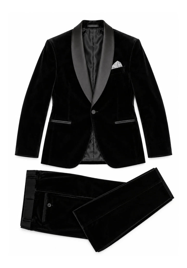 Costume Deux Pièces Homme Coupe Slim en Velours avec Col Châle en Satin et Un Bouton