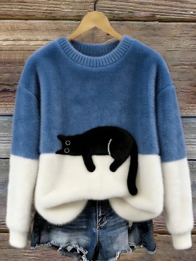 Women's knit sweatshirt - Two-tone with black cat motif