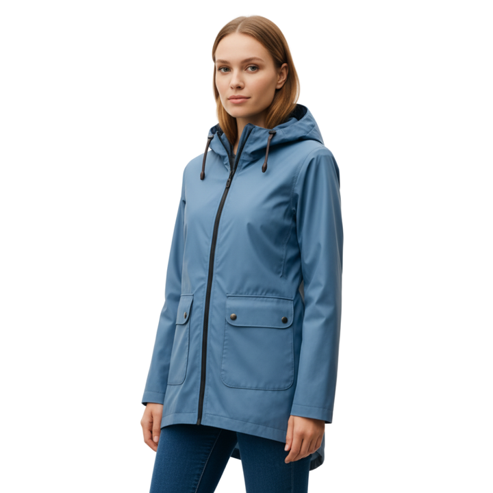 Impermeabile da donna lungo con cappuccio, idrorepellente e antivento, leggero
