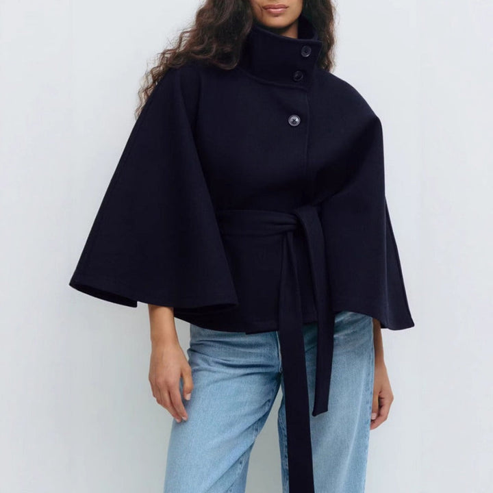 Manteau Cape Femme à Col Montant et Ceinture