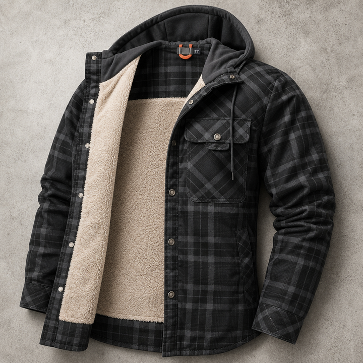 Men's plaid-pattern hooded overshirt lined with faux fur