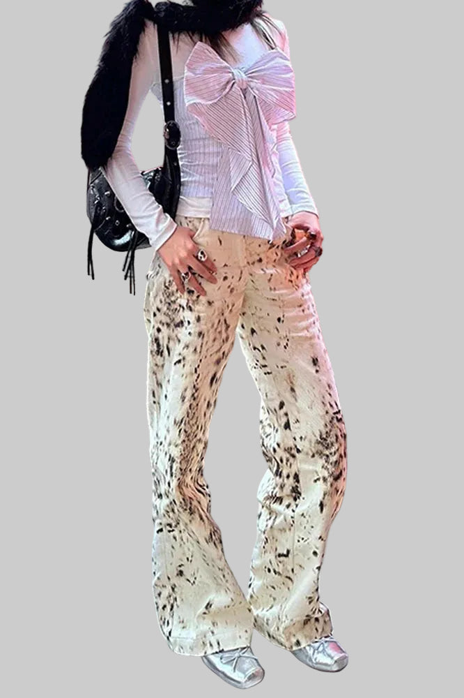 Jeans met luipaardprint, wijde pijpen - hoge taille, los model