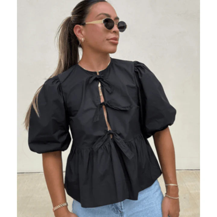 Chemisier Femme Manches Bouffantes Devant Cravate | Péplum