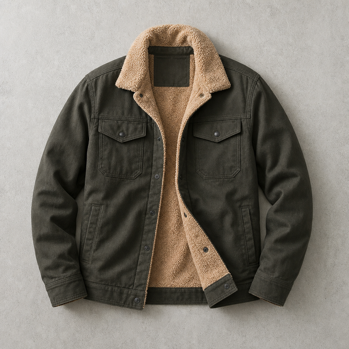 Men's Trucker Jacket Lined with Faux Fur and Chest Pockets
