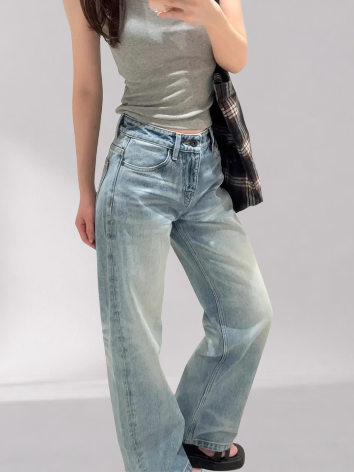 Jean Droit Femme en Coton – Délavage Vintage Taille Mi-Haute