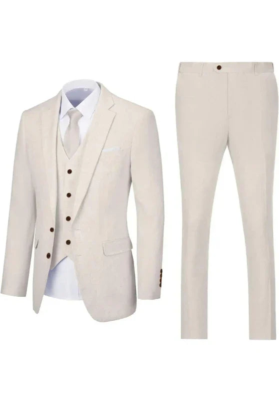 Costume Trois Pièces Homme Coupe Regular en Lin avec Col Notch et Gilet Boutonné