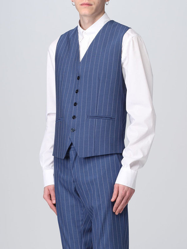 Costume Trois Pièces Homme Coupe Slim à Rayures avec Col Notch et Gilet Cinq Boutons