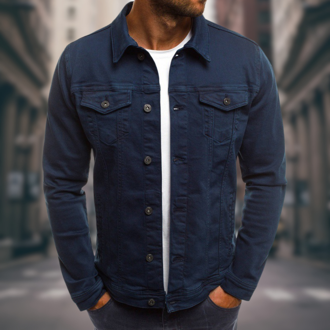 Herenjas van denim met overhemdkraag en borstzakken