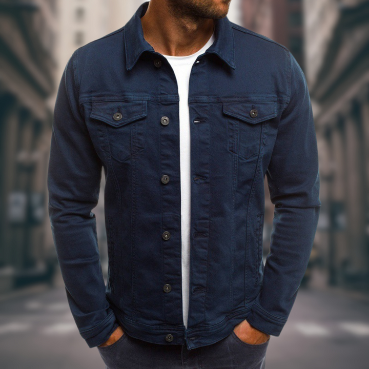 Herenjas van denim met overhemdkraag en borstzakken