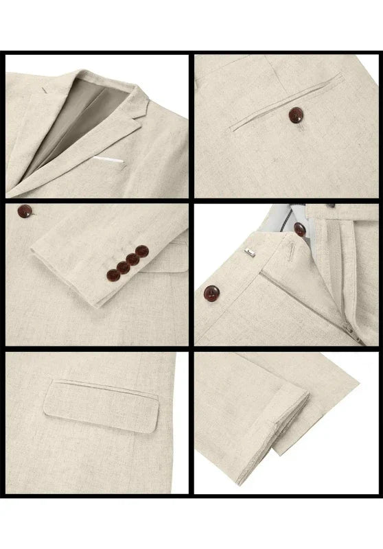 Costume Trois Pièces Homme en Lin avec Col Notch et Gilet Assorti