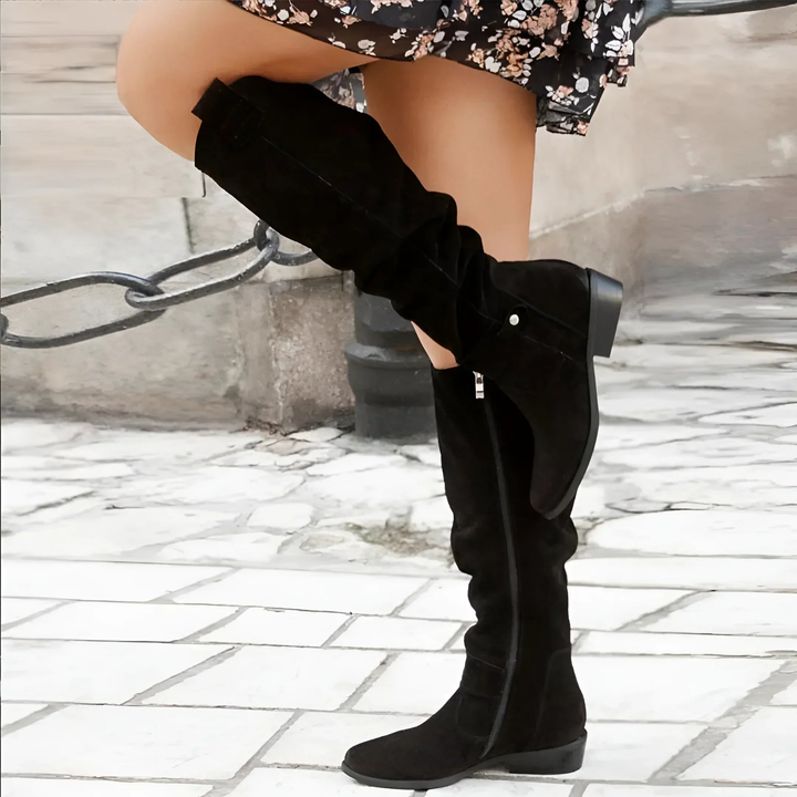 Bottes Hautes en Daim Femme – Zip Latéral et Talon Bloc