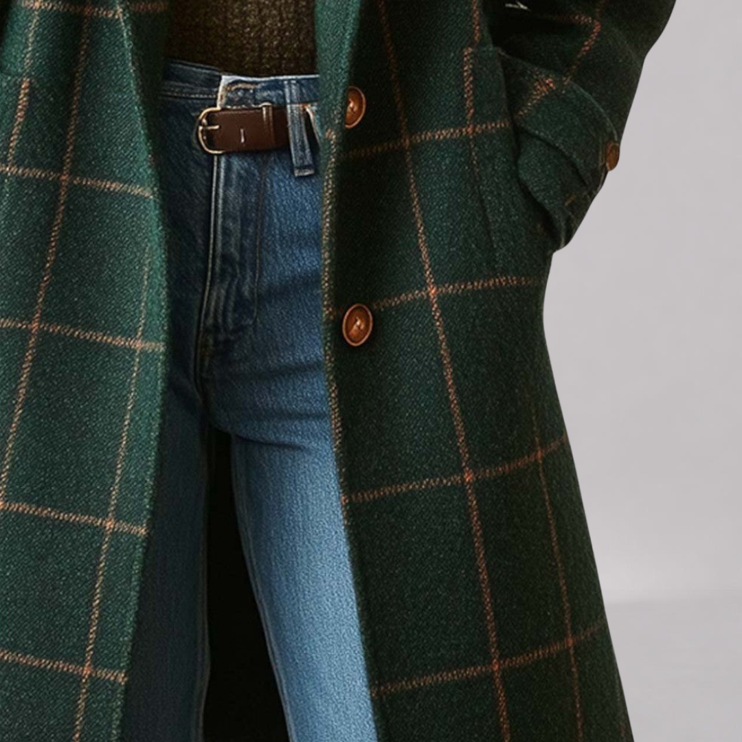 Manteau à Carreaux Femme – Coupe Cintrée et Fermeture Boutonnée