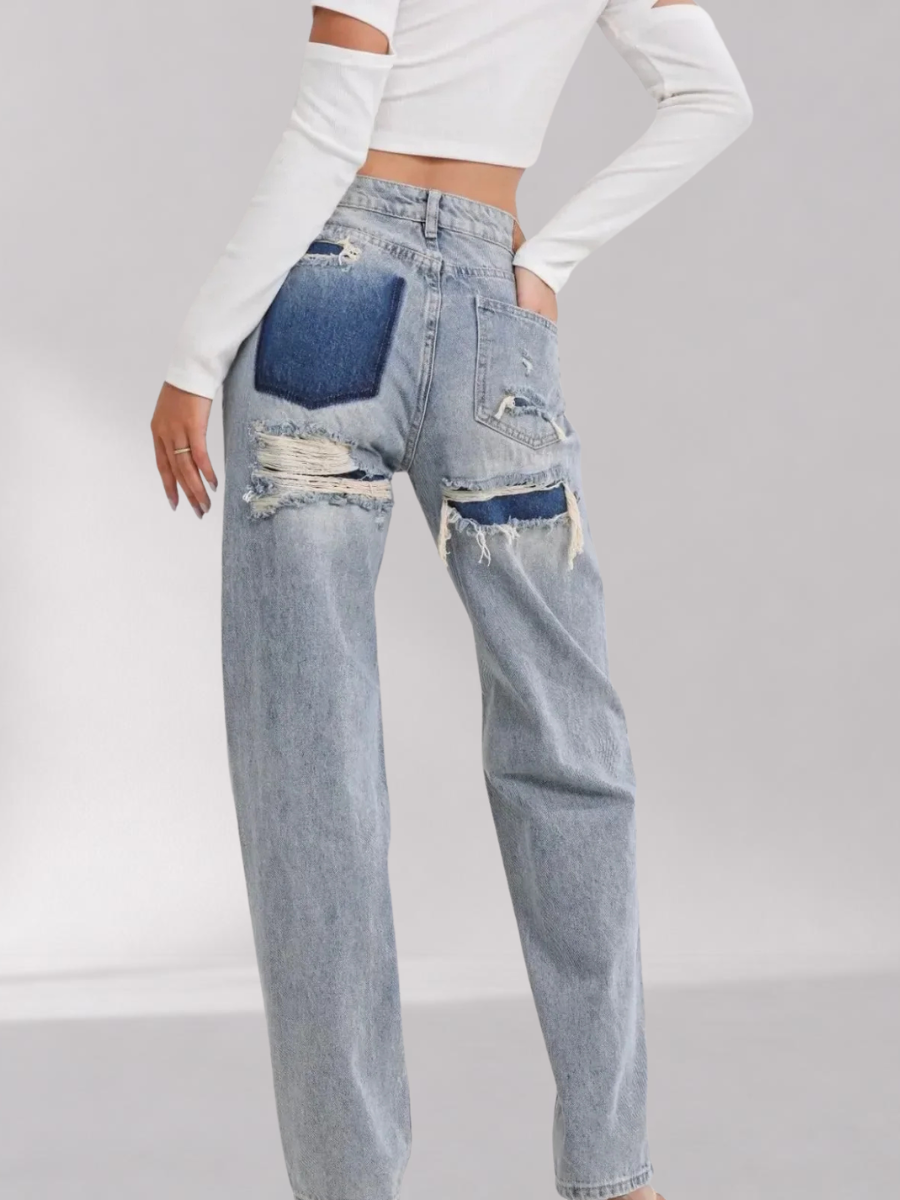 Pantalon en Denim Taille Haute Coupe Droite Femme