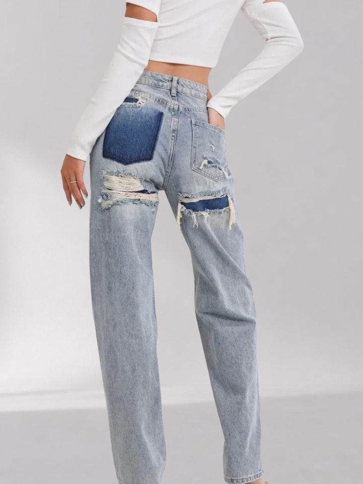Pantalon en Denim Taille Haute Coupe Droite Femme