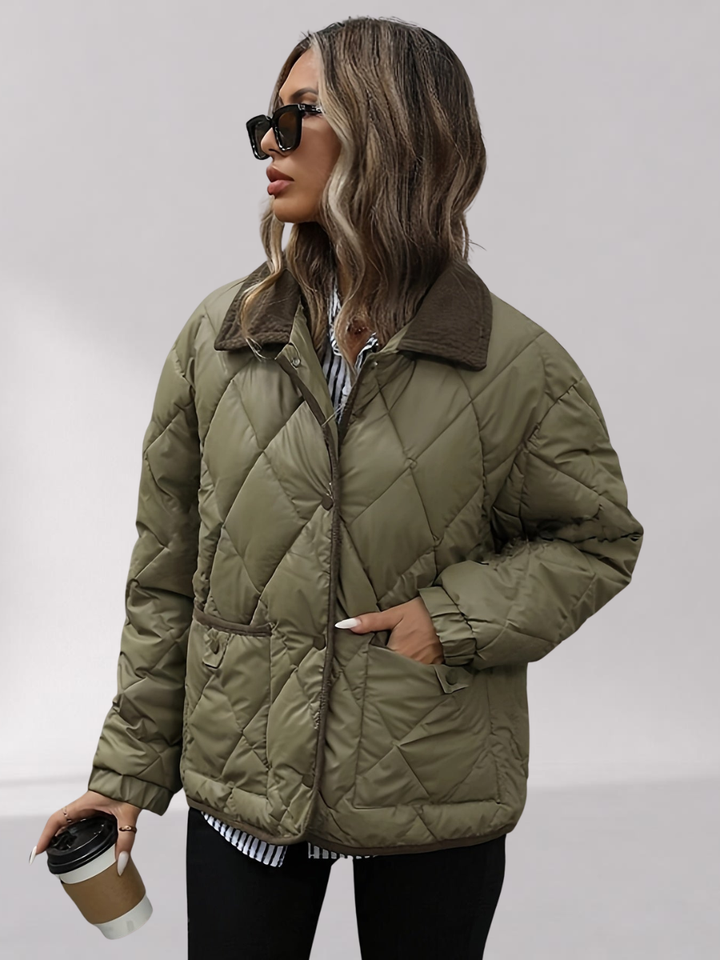Veste Matelassée Oversize Femme avec Col en Velours Côtelé