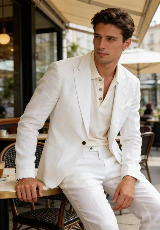 Costume Deux Pièces Homme Coupe Slim en Lin avec Col Peak et Poches Plaquées