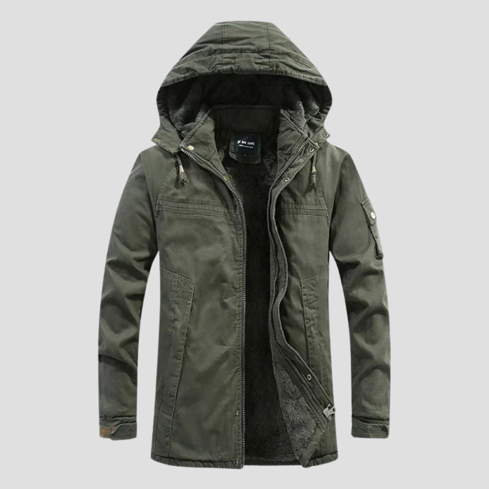 Parka lunga con cappuccio e fodera in pile da uomo