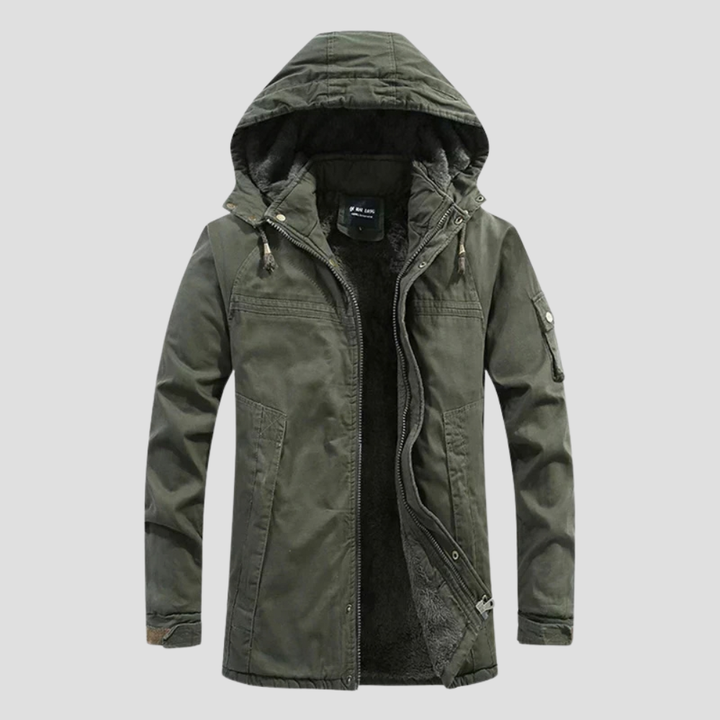 Parka lunga con cappuccio e fodera in pile da uomo