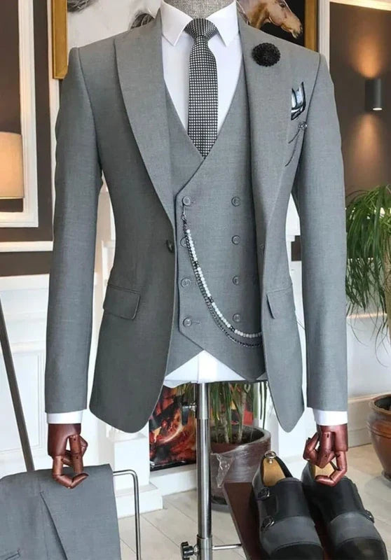 Costume Trois Pièces Homme Coupe Slim Infroissable avec Col Peak et Gilet Croisé