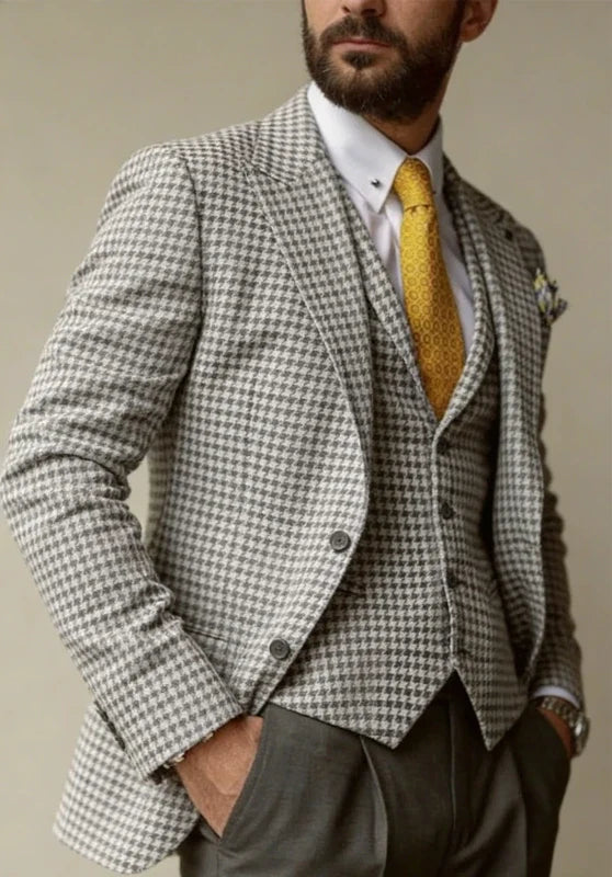 Costume Trois Pièces Homme Coupe Slim en Pied de Poule avec Col Notch et Gilet Boutonné