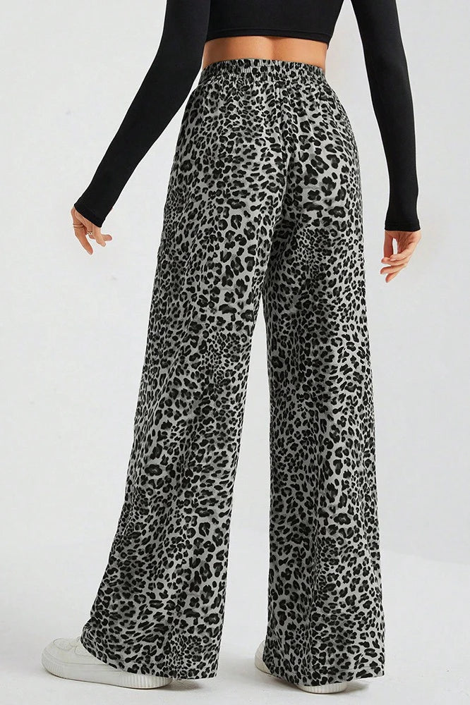 Women's Wide-Leg Pants - Leopard Print, Relaxed Fit with Pockets
