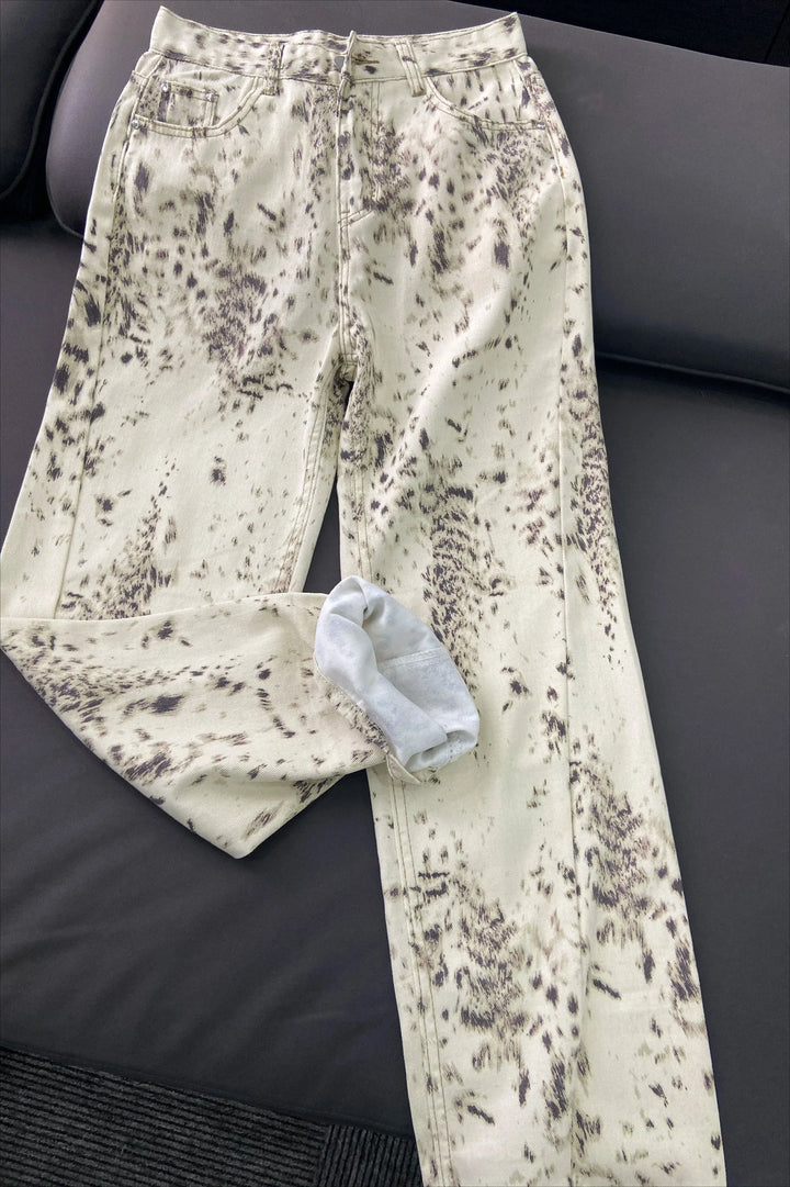 Jeans met luipaardprint, wijde pijpen - hoge taille, los model