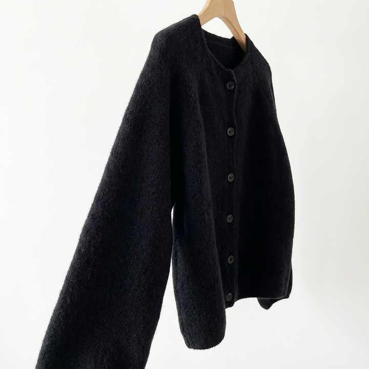 Women's Button-Up Knit Cardigan with a Crew Neck and Puff Sleeves